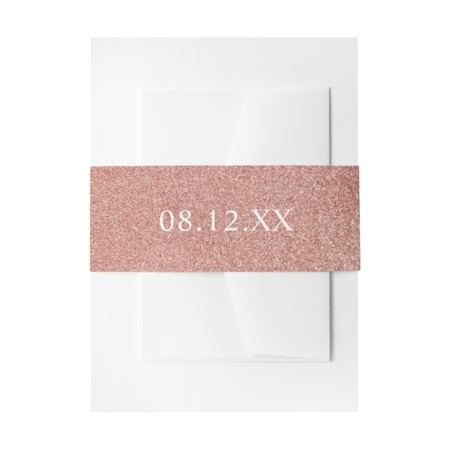 Simple Rose Gold Faux Glitter Glam Date Wedding Invitation Belly Band (Front Example)