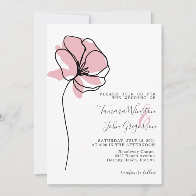 Simple Rose Gold Floral Drawing Line Art Wedding I Invitation (Front)