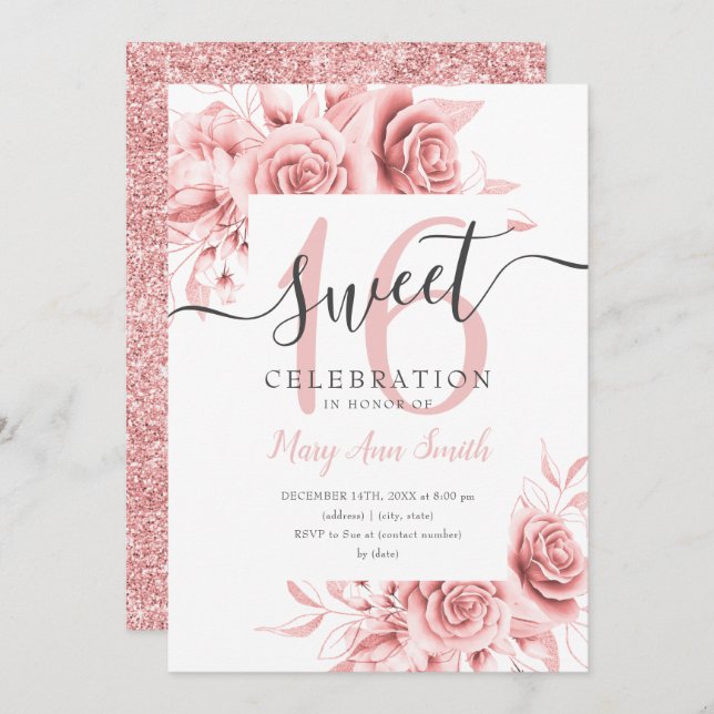 Simple Rose Gold Floral & Glitter Sweet 16 Script  Invitation (Front/Back)