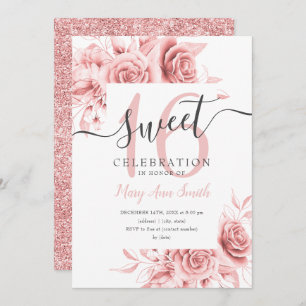 Simple Rose Gold Floral & Glitter Sweet 16 Script  Invitation