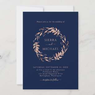 Simple Rose Gold Foliage Navy Blue Wedding Invitation