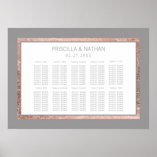 Simple Rose Gold Frame Slate Grey Seating Chart (Front)