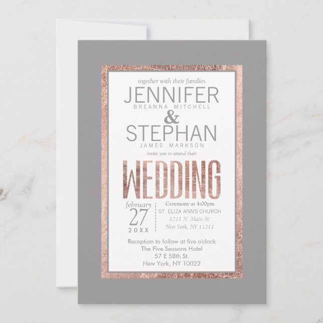 Simple Rose Gold Frame Slate Grey Wedding Invitation (Front)