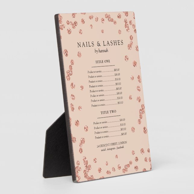 Simple Rose Gold Glitter Confetti Price Menu Blush Plaque (Side)