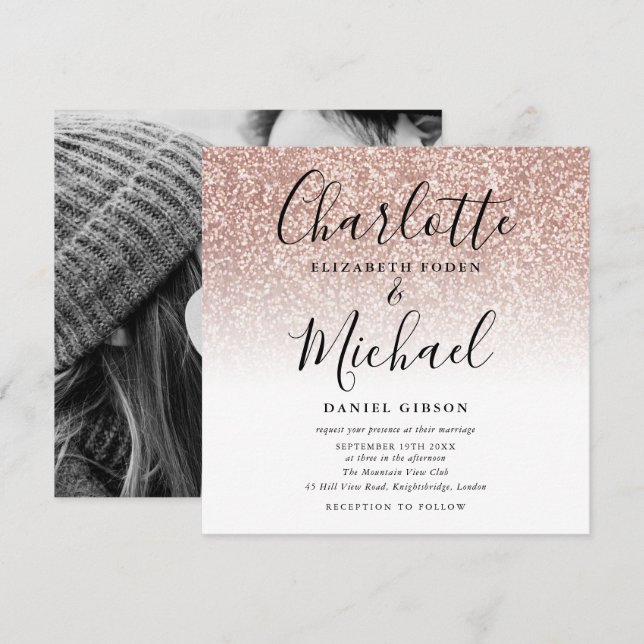Simple Rose Gold Glitter Script Wedding Photo Invitation (Front/Back)