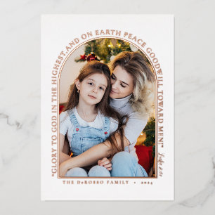 Simple Rose Gold Greenery Photo Collage Christmas Foil Holiday Card