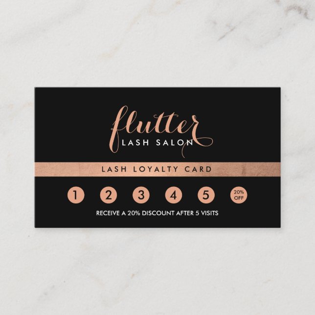 Simple Rose Gold Lash Salon Logo Black Loyalty Card (Front)