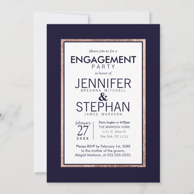 Simple Rose Gold Lined Navy Blue Engagement Party Invitation (Front)