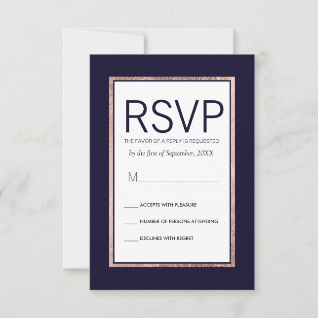 Simple Rose Gold Lined Navy Blue RSVP Cards (Front)