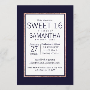 Simple Rose Gold Lined Navy Blue Sweet 16 Invites