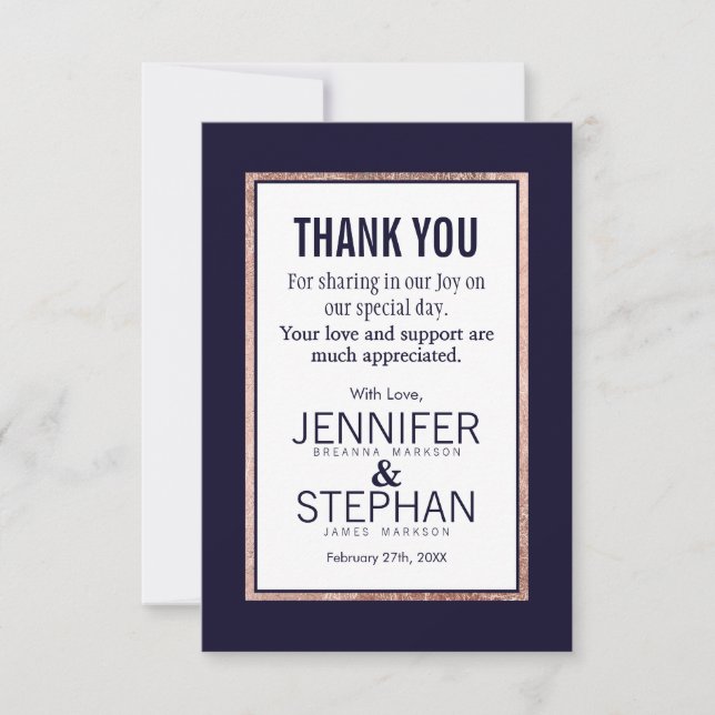 Simple Rose Gold Lined Navy Blue Thank You Cards (Front)