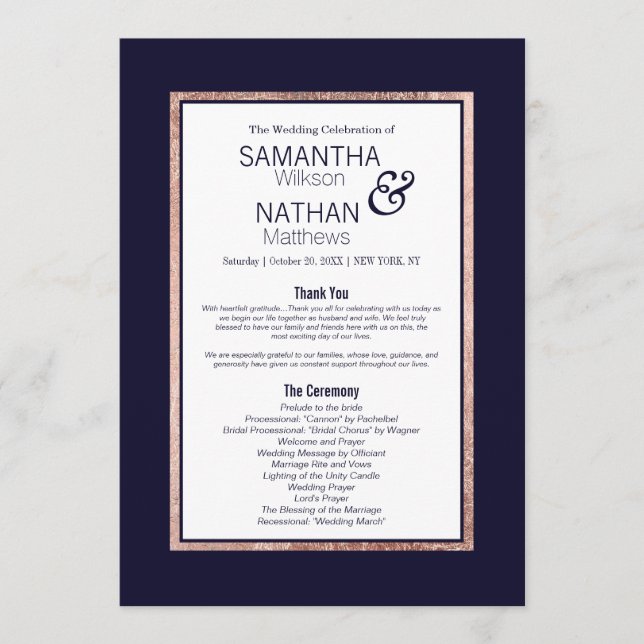 Simple Rose Gold Lined Navy Blue Wedding Programme (Front)