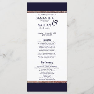 Simple Rose Gold Lined Navy Blue Wedding Programs Programme