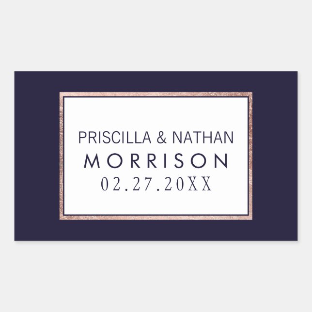 Simple Rose Gold Lined Navy Blue Wedding Rectangular Sticker (Front)