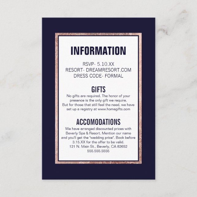 Simple Rose Gold Lined Navy Information Enclosure Card (Front)
