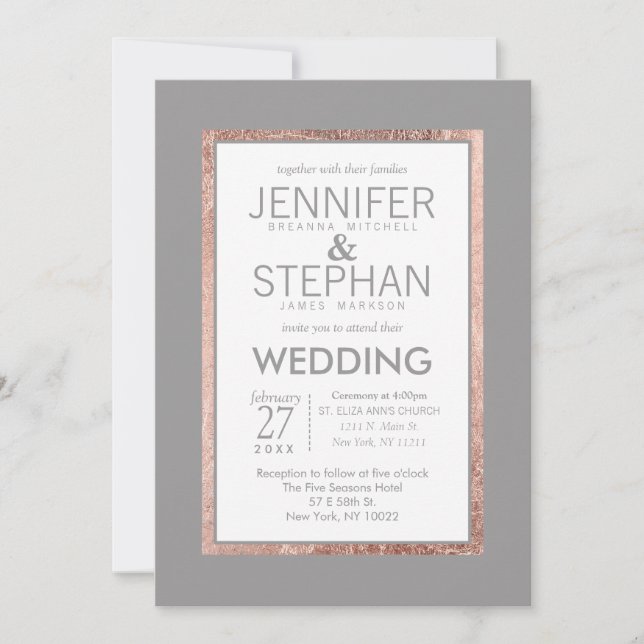 Simple Rose Gold Lined Slate Grey Wedding Invitation (Front)