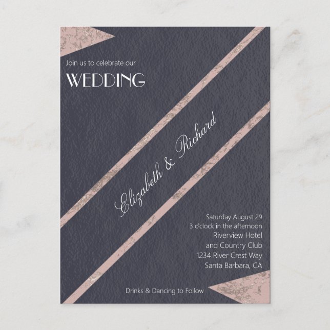 Simple Rose Gold Marble Blue Wedding Invitation Postcard (Front)