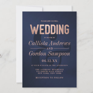 Simple Rose Gold Navy Brushed Metal Wedding Invitation