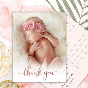 Simple Rose Gold Script Baby Photo Thank You Postcard