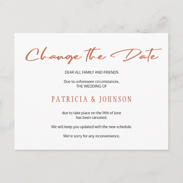 Simple rose gold script wedding change the date announcement postcard (Front)