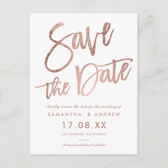 Simple rose gold script white chic save the date announcement postcard (Front)