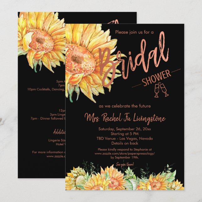 Simple Rose Gold Sunflower Bridal Shower Details  Invitation (Front/Back)