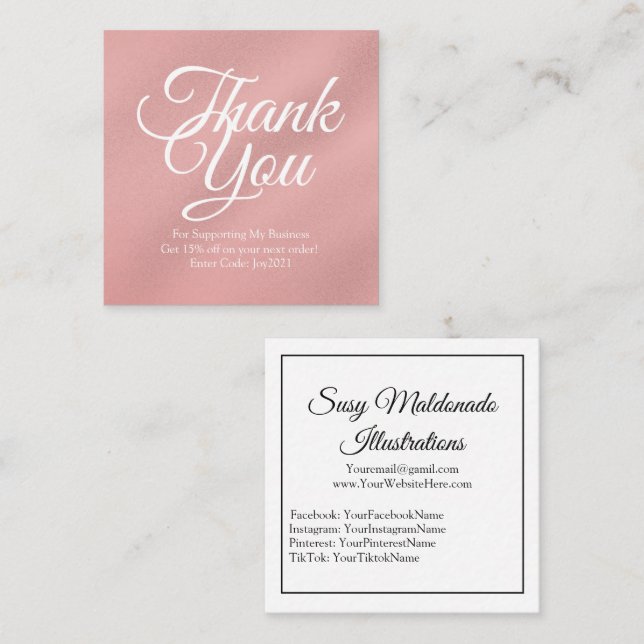 Simple Rose Gold Thank You Square Business Card (Front/Back)