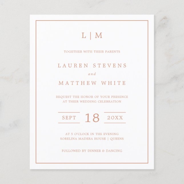 Simple Rose Pink Monogram Budget Wedding Invite (Front)