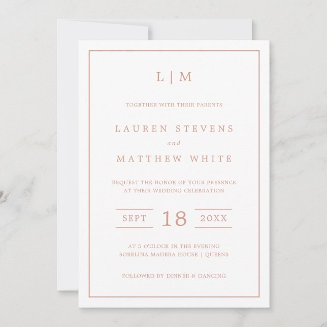 Simple Rose Pink Monogram Elegant Wedding Invitation (Front)