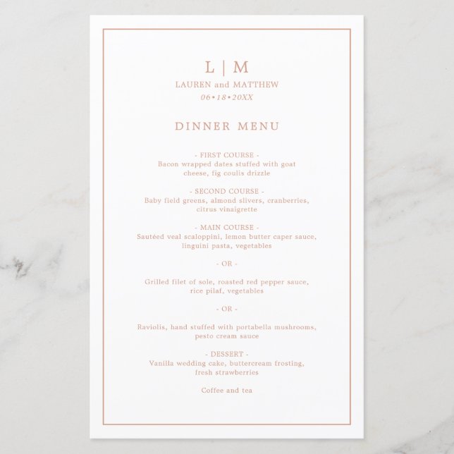 Simple Rose Pink Monogram Elegant Wedding Menu (Front)