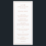 Simple Rose Pink Monogram Elegant Wedding Menu<br><div class="desc">Simple wedding menu featuring a modern yet elegant design with your two letter monogram along with your names and date surrounded by a thin border. All text is in faux rose gold pink over a white background. The fonts and background colours may be changed to any colours you wish by...</div>