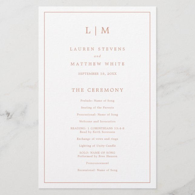 Simple Rose Pink Monogram Elegant Wedding Program (Front)
