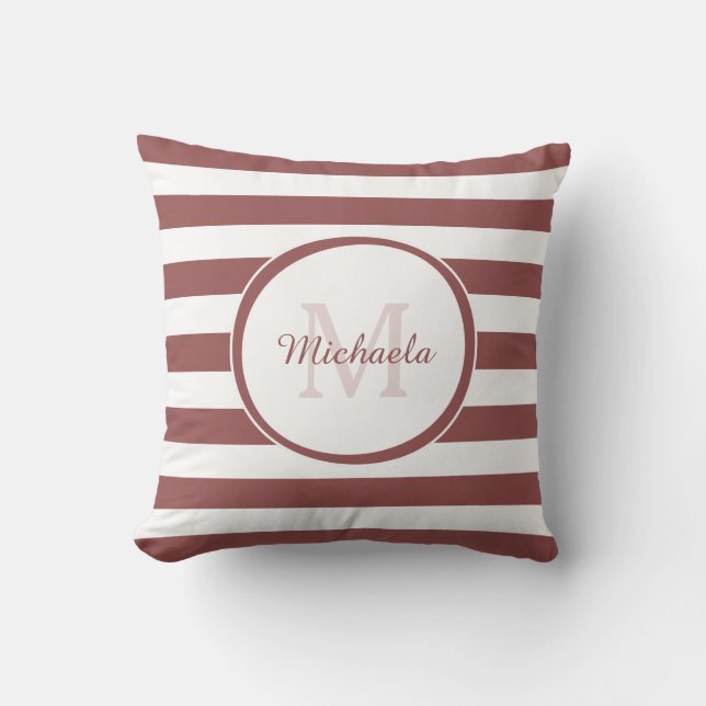 Simple Rosy Brown Bengal Stripes Monogrammed Name Cushion (Front)