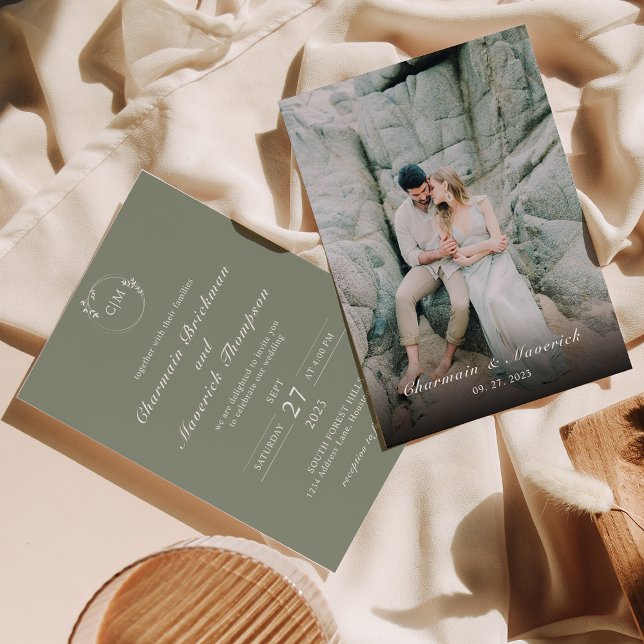 Simple Round Classic Sage Green Monogram Wedding Invitation (Creator Uploaded)