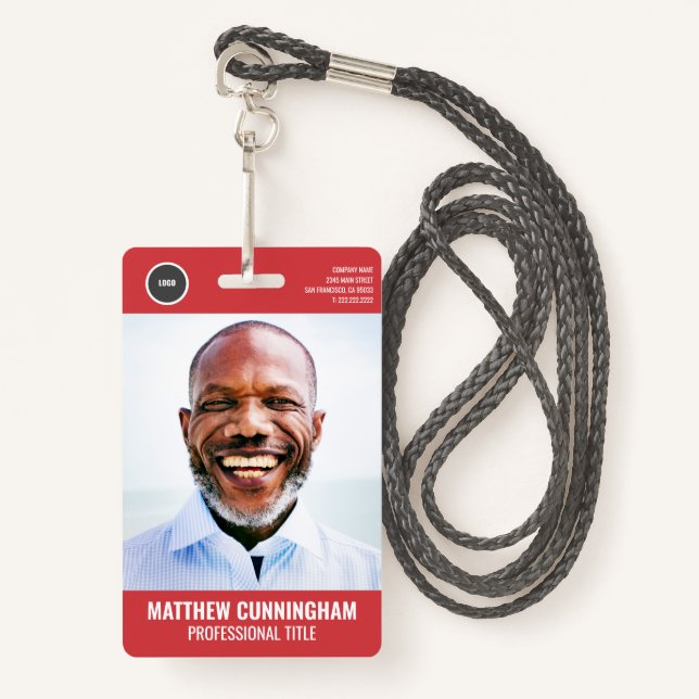 Simple Round Logo  Employee Photo Name Barcode ID Badge (Front with Lanyard)