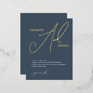 Simple Royal Blue and Gold Script Wedding Gold Foil Invitation Postcard