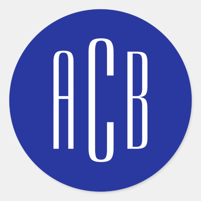 Simple Royal Blue and White Three Letter Monogram Classic Round Sticker (Front)
