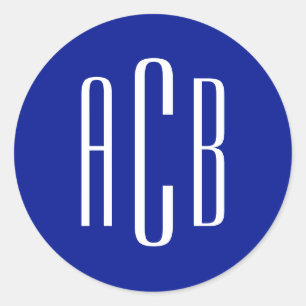 Simple Royal Blue and White Three Letter Monogram Classic Round Sticker