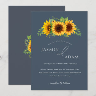 Simple Royal Blue Boho Sunflower Wedding Invitation