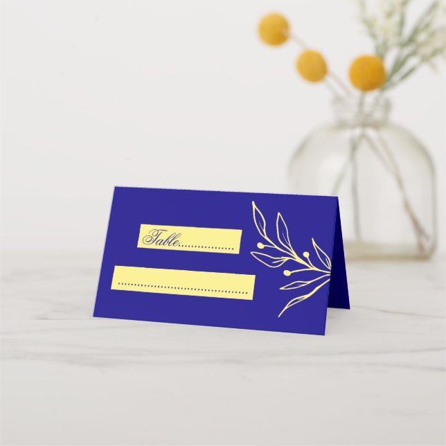 Simple royal blue botanical wedding place card (Front)