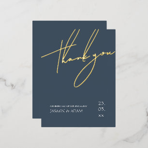 Simple Royal Blue Gold Script Wedding Thank You Foil Invitation Postcard