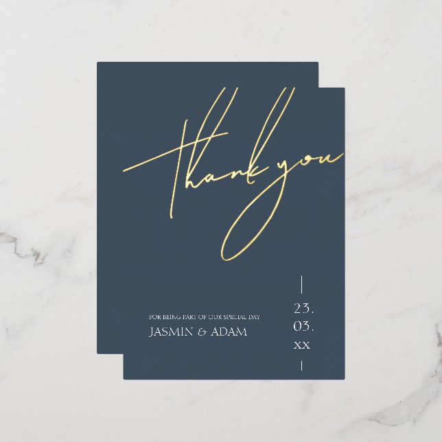 Simple Royal Blue Gold Script Wedding Thank You Foil Invitation Postcard (Front/Back)