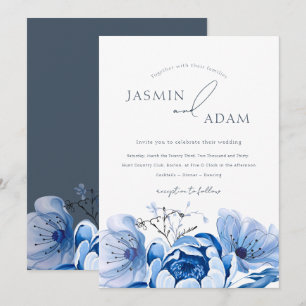 Simple Royal Blue Opulence Floral Roses Wedding  Invitation