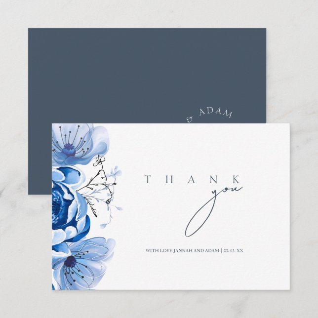Simple Royal Blue Opulence Floral Roses Wedding Thank You Card (Front/Back)