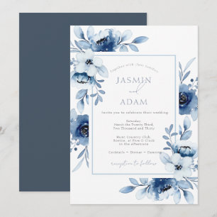 Simple Royal Blue Opulence Floral Wedding Invitation
