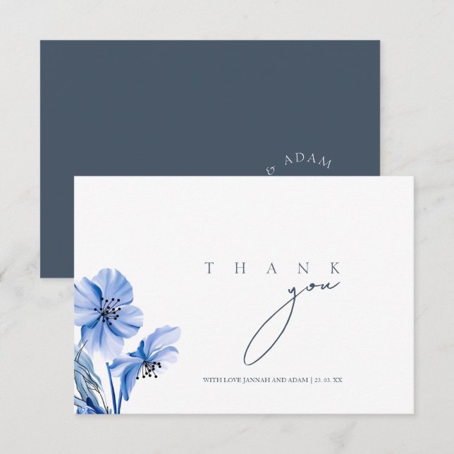 Simple Royal Blue Opulence Floral Wedding Thank You Card (Front/Back)