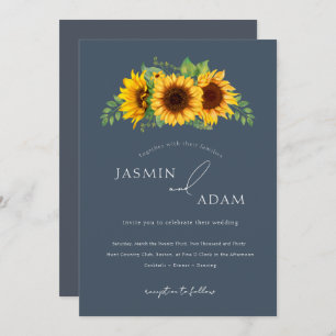 Simple Royal Blue Opulence Sunflower Boho Wedding Invitation
