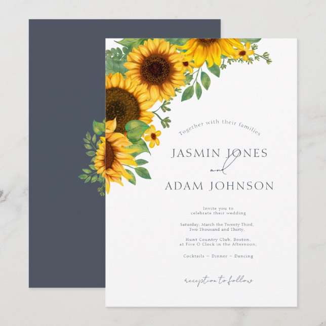Simple Royal Blue Opulence Sunflowers Boho Wedding Invitation (Front/Back)