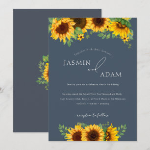 Simple Royal Blue Opulence Sunflowers Wedding Invitation