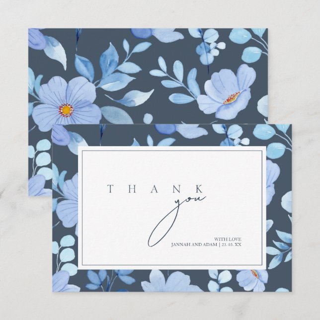 Simple Royal Blue Opulence Wildflowers Wedding Thank You Card (Front/Back)